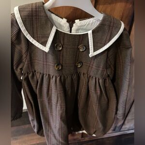 Plaid Brown toddler neutral romper with White Trim